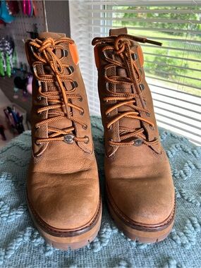Woman’s Brown Leather Work Boots with Orange Accents